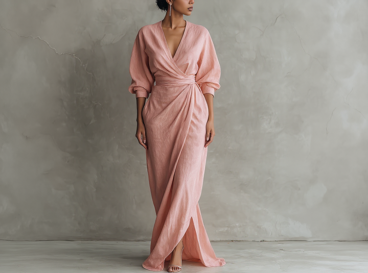 Marie - Robe Maxi Minimaliste Rose avec décolleté en V en mélange de Lin pour Femme