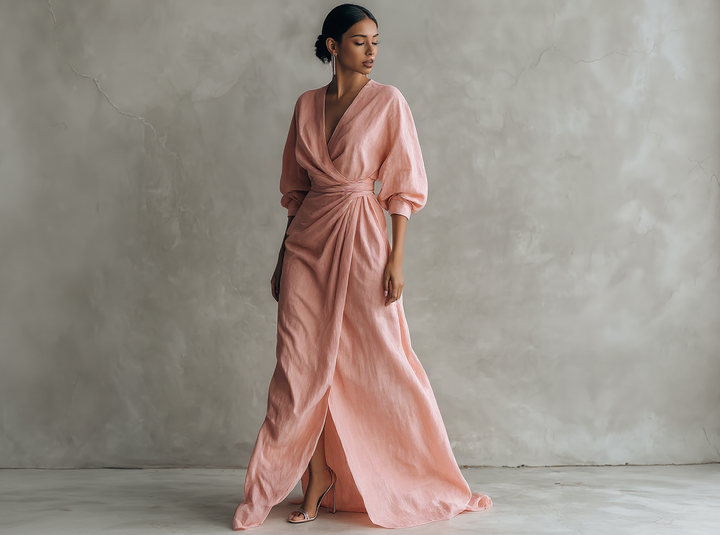 Marie - Robe Maxi Minimaliste Rose avec décolleté en V en mélange de Lin pour Femme