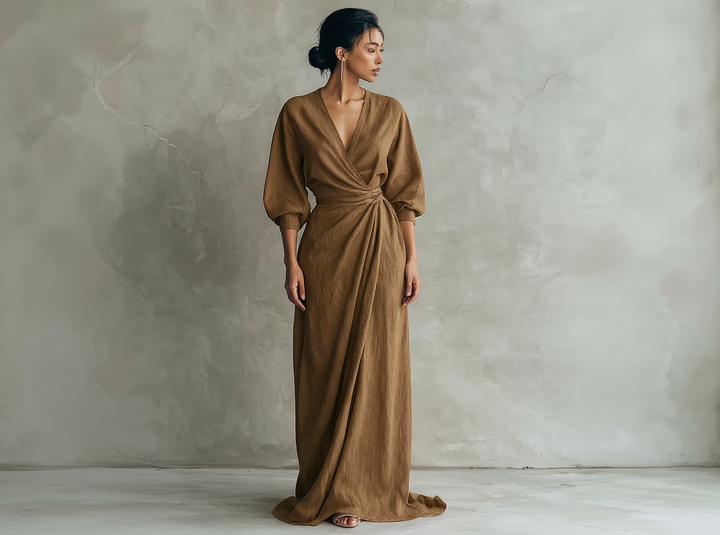 Marie - Robe Maxi Minimaliste Rose avec décolleté en V en mélange de Lin pour Femme
