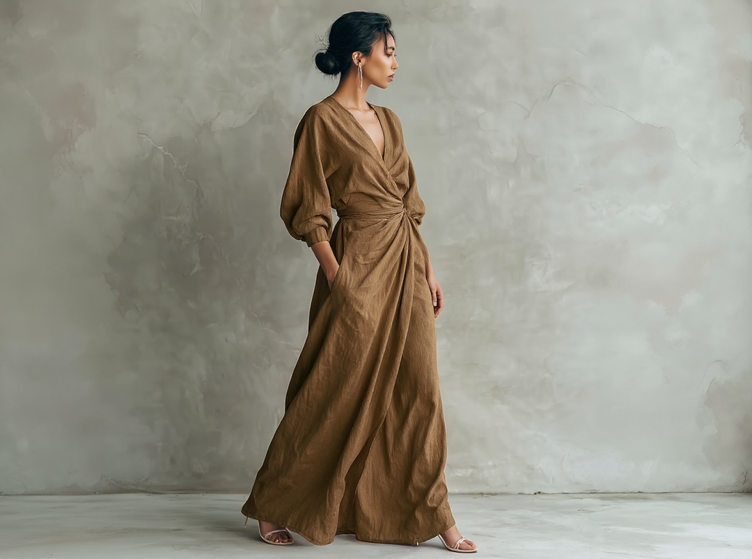Marie - Robe Maxi Minimaliste Rose avec décolleté en V en mélange de Lin pour Femme